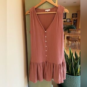 Little Lies 100% Cotton Gauze V-Neck Ruffle Mini Dress in Tawny Brown Medium